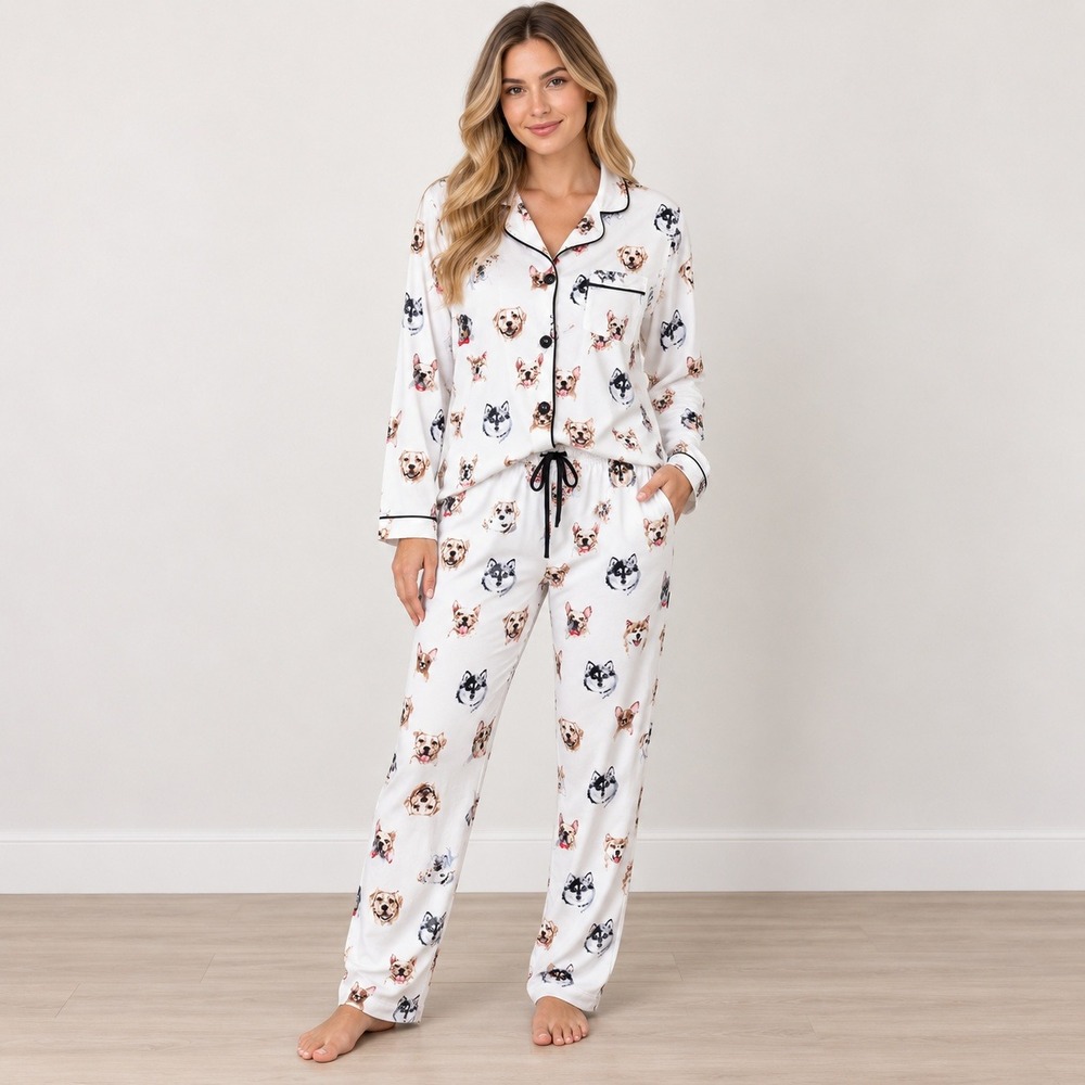 PJ Salvage Pajama Set Dog Breed Print Cotton Blend Button Down White Size M